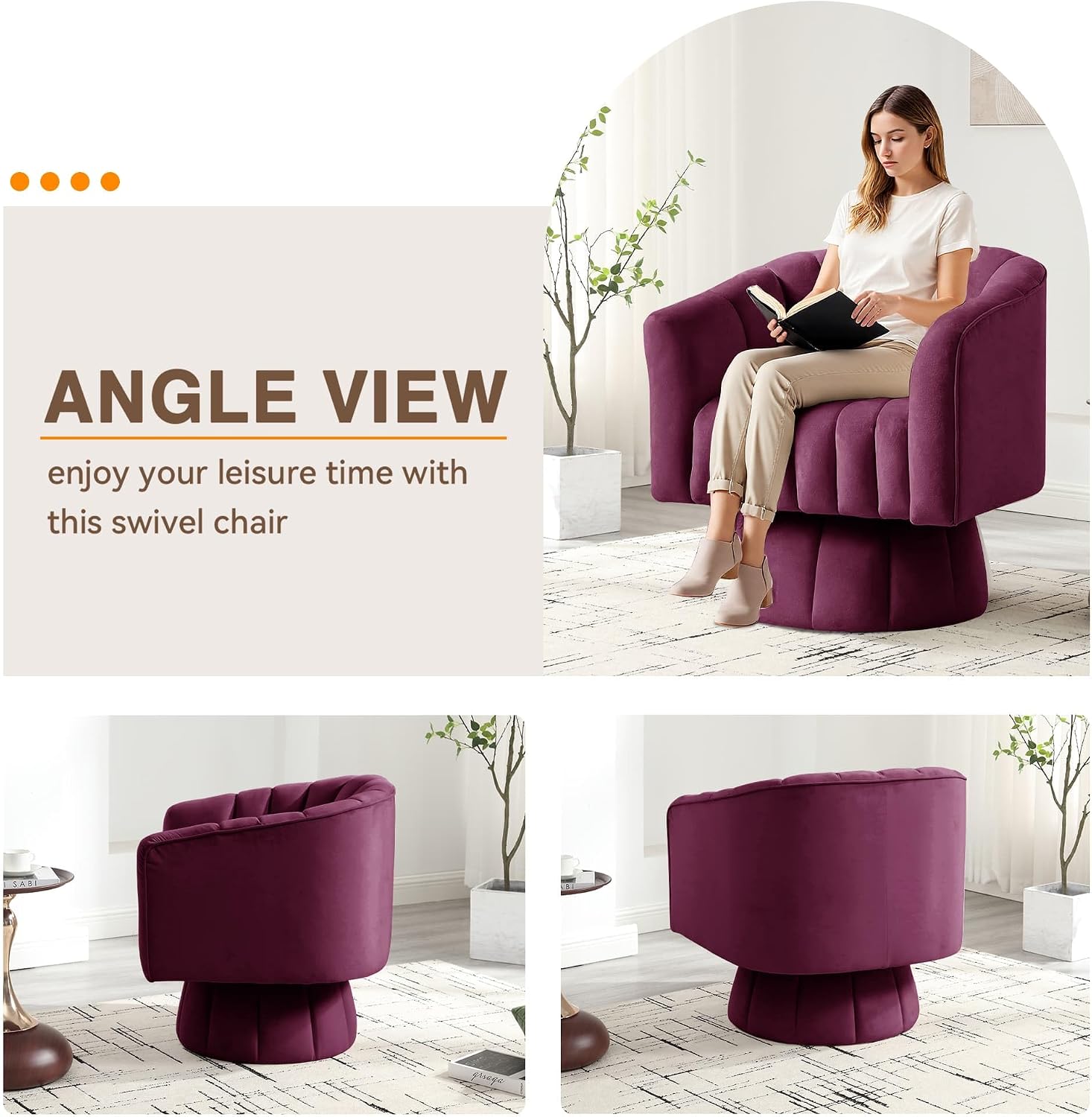 YSICK Swivel Accent Chair,360°Swivel Barrel Chairs, Mid-Century Chair with Wide Upholstered, Modern Velvet Fabric, Round Armchair for Living Room, Lounge, Bedroom, Purple