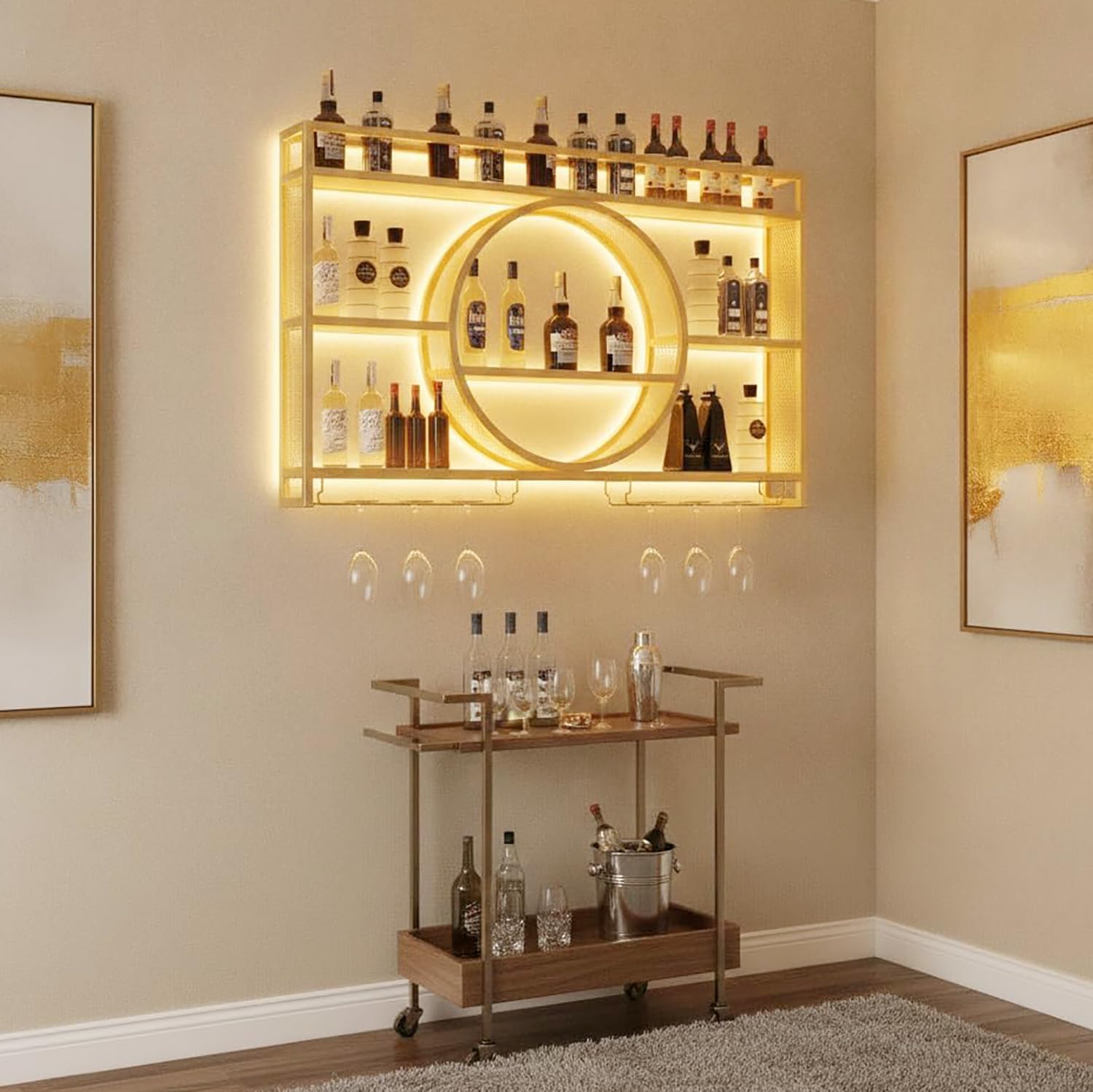 39 Inch Bar Shelves Wall Mounted Wine Rack with LED Light | 3 Tier Large Capacity w/Wine Glass Holder, Liquor Bottle Display Shelf, for Modern Home Bar Restaurant