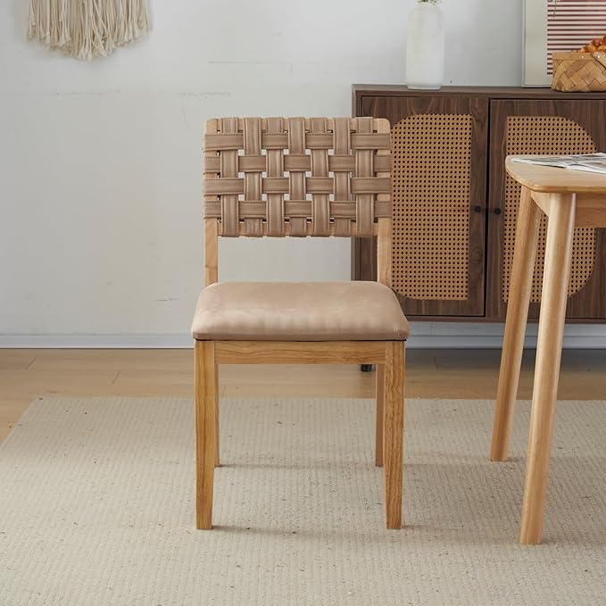 VINGLI Khaki Woven Wooden Dining Chairs Set of 4,Armless Mid Century Modern Desk Chairs with Rivet&Foot Pegs,Upholstered Farmhouse Comfy Chair No Wheels for Dining Room,Living Room,Kitchen,Oak,Suede
