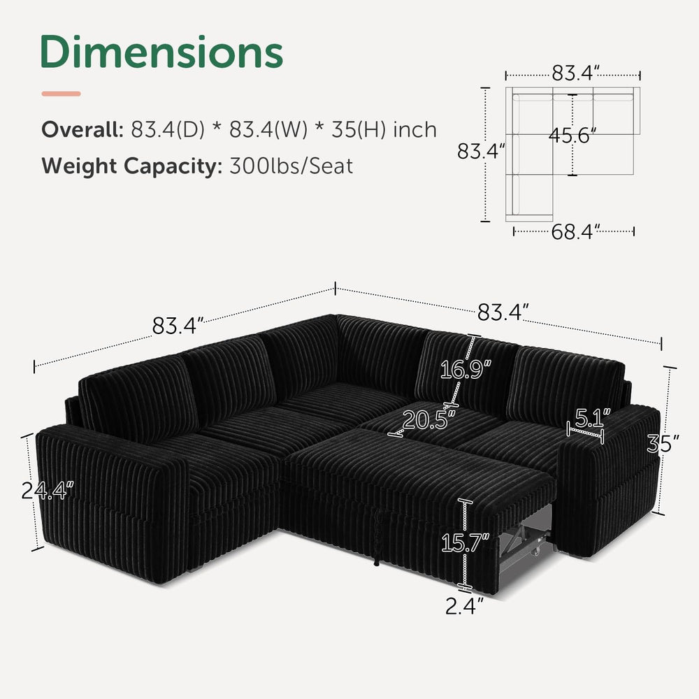 HONBAY Modular Sectional Sleeper Sofa with Pull Out Bed,Corduroy L Shaped Cou...