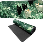 Cute Cat Mouse Pad Large Gaming Desk Mat - Kawaii Black and White Cats in Green Forest, Extended XL Mousepad with Non-Slip Rubber Base for Office, Home, PC, Laptop