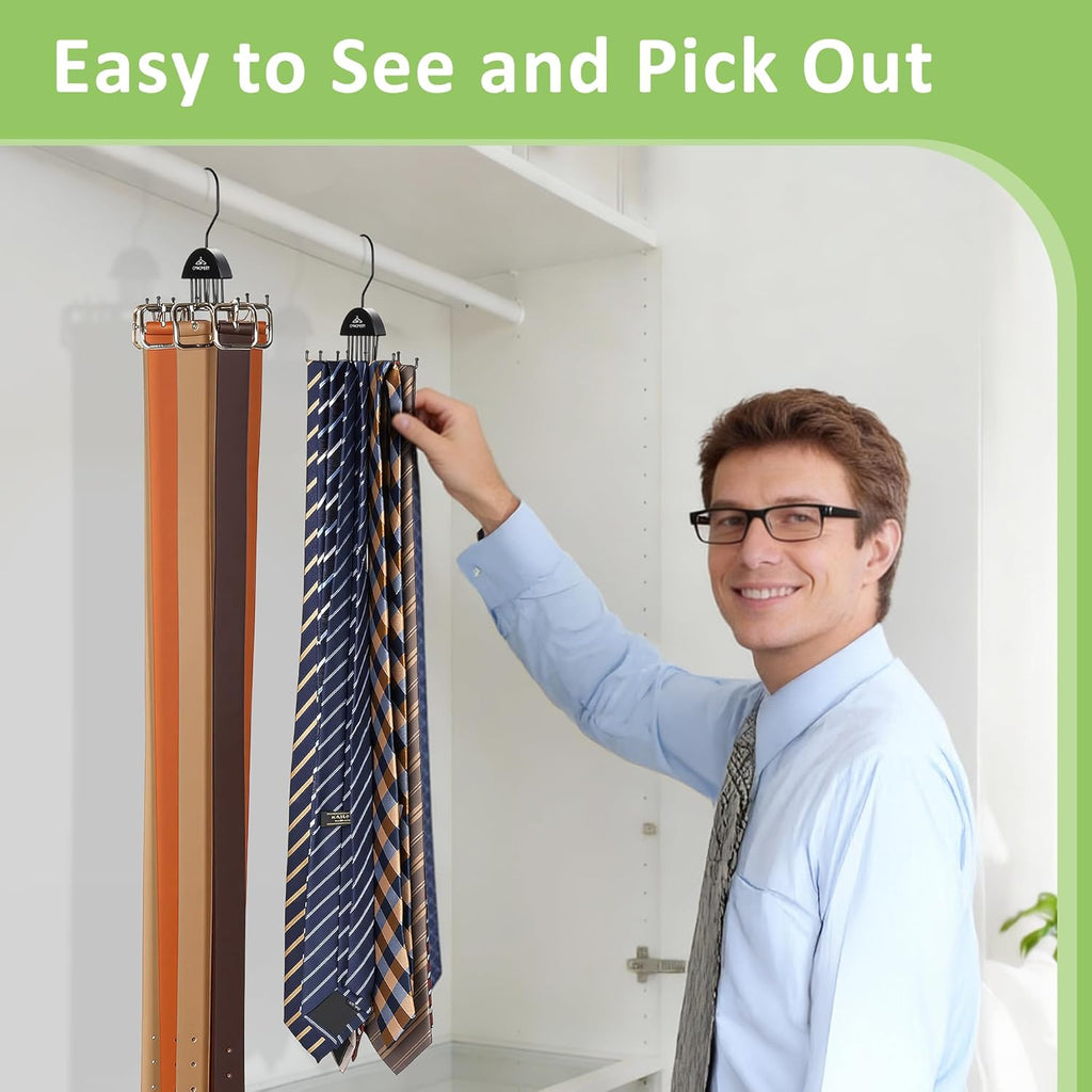 2 Pack Tie Hanger Belt Organizer for Closet, Rotatable Tie Rack with 16 Hooks Max 24 Belts & 16 Ties Storage Capacity, Space Saving Hanging Belt Holder for Closet Organizer, Black
