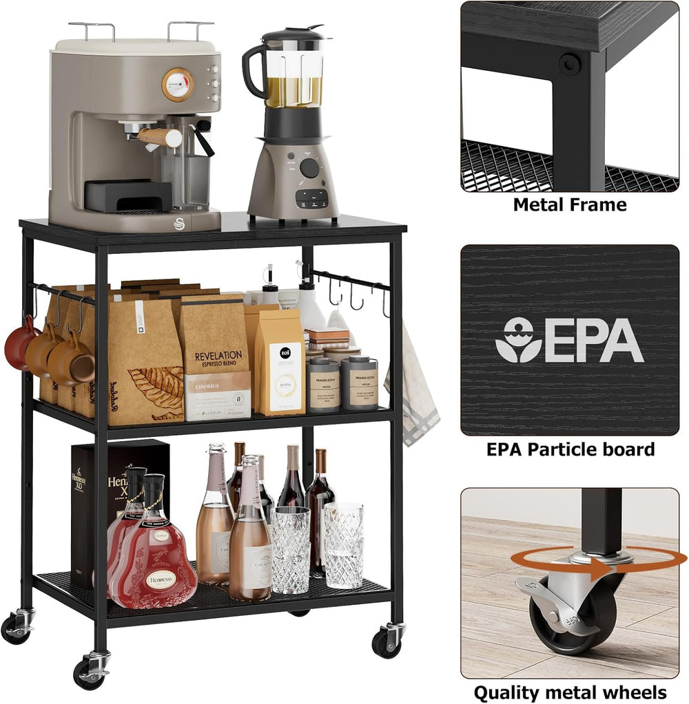 Homleke 3-Tier Rolling Kitchen Microwave Cart, Utility Cart | with Lockable W...
