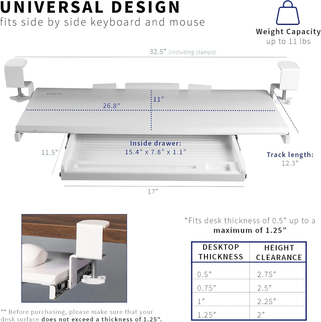 VIVO Large Keyboard Tray Under Desk Pull Out Platform with Pencil Drawer, Extra Sturdy C Clamp Mount, 27 (33 Including Clamps) x 11 inch Slide-Out Tray with Storage Drawer, White, MOUNT-KB05-4DW