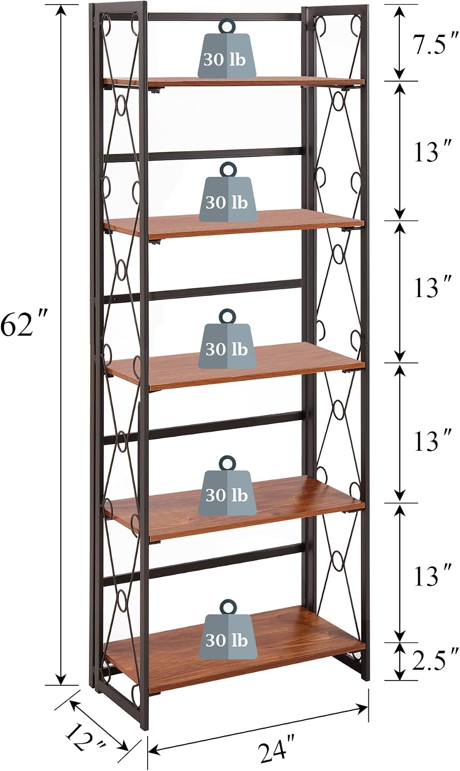 VECELO Folding Bookshelf,5 Tier Bookcase Foldable Easy Assembly, Industrial B...