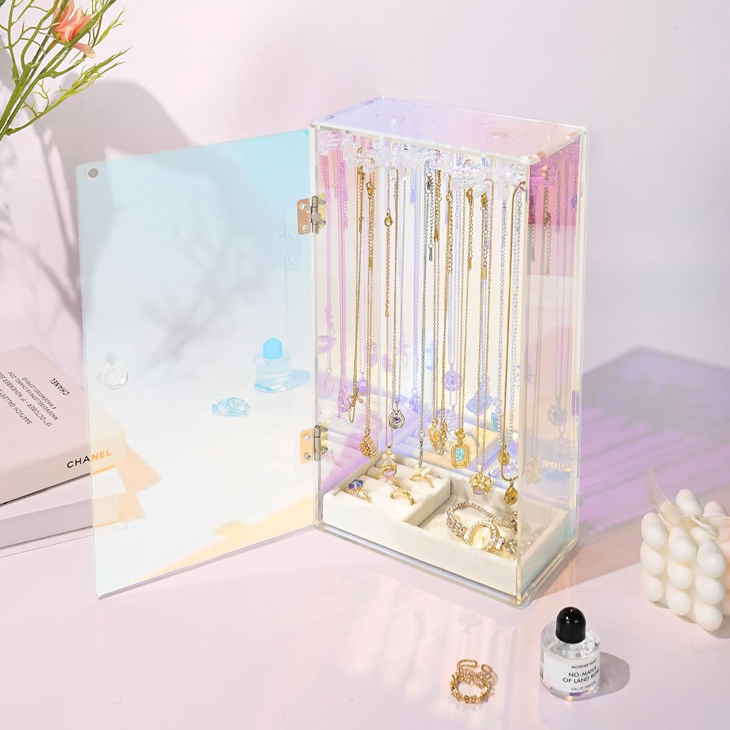Cirhy Iridescent Necklace Holder Organizer for Women & Girls, Rotating Acrylic Jewelry Display Stand with Velvet Tray, Dustproof Necklace Organizer Box, Great Gift for Her