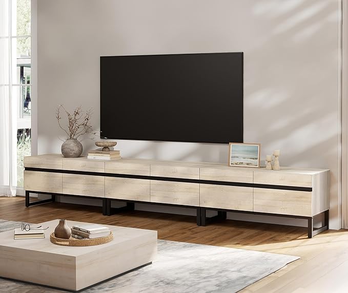 WAMPAT 3-in-1 Modern TV Stand for Up to 110 Inch TVs, Large Wood Entertainment Center Media Console with Storage Cabinets and Metal Base for Living Room, Light Oak