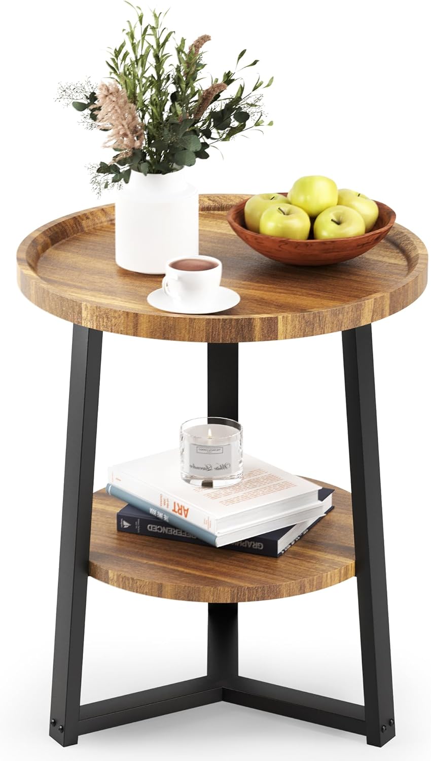 PPAMAPIC Round End Table, 2 Tier Side Table with Storage Shelf, Nightstand Ac...