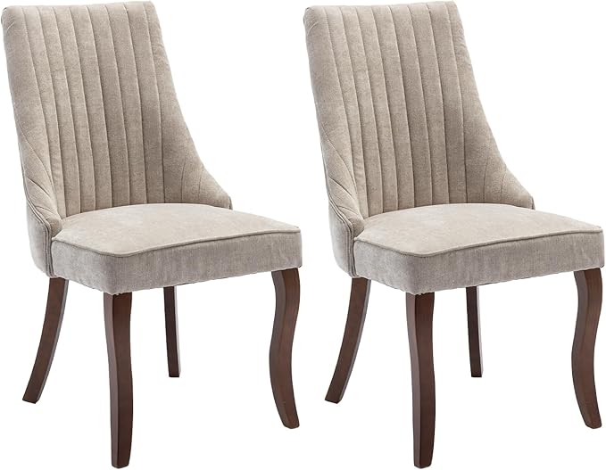 Dining Chairs Set of 2，Linen Channel Tufted Kitchen Dining Room Chair with Curved Solid Wood Legs, Comfortable Fabric Upholstered Dining Chair for Dining Room, (Beige, 2pc)