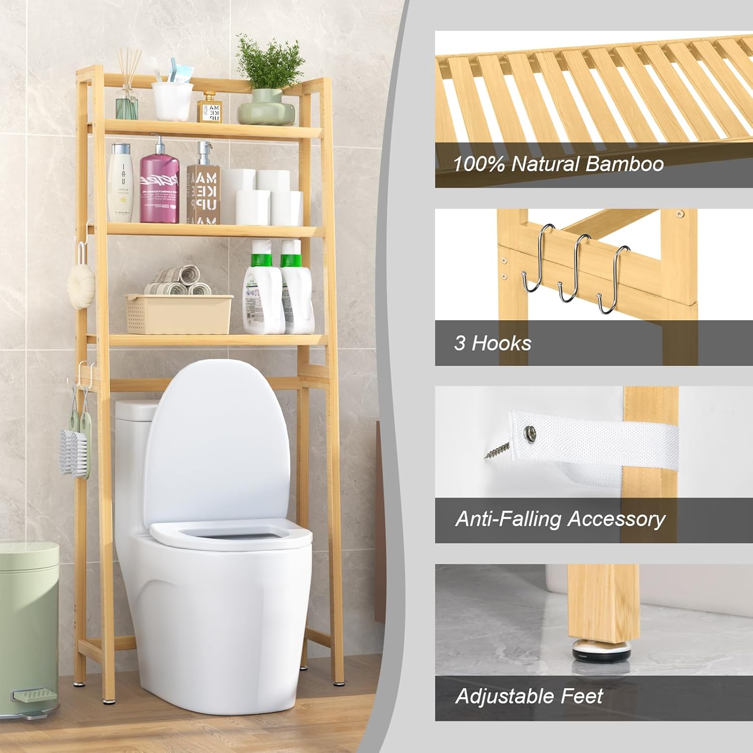 VASMIA Over The Toilet Storage,Bamboo 3-Tier Bathroom Organizer Over Toilet Storage Cabinet,Freestanding Space Saver with 3 Hooks Natural