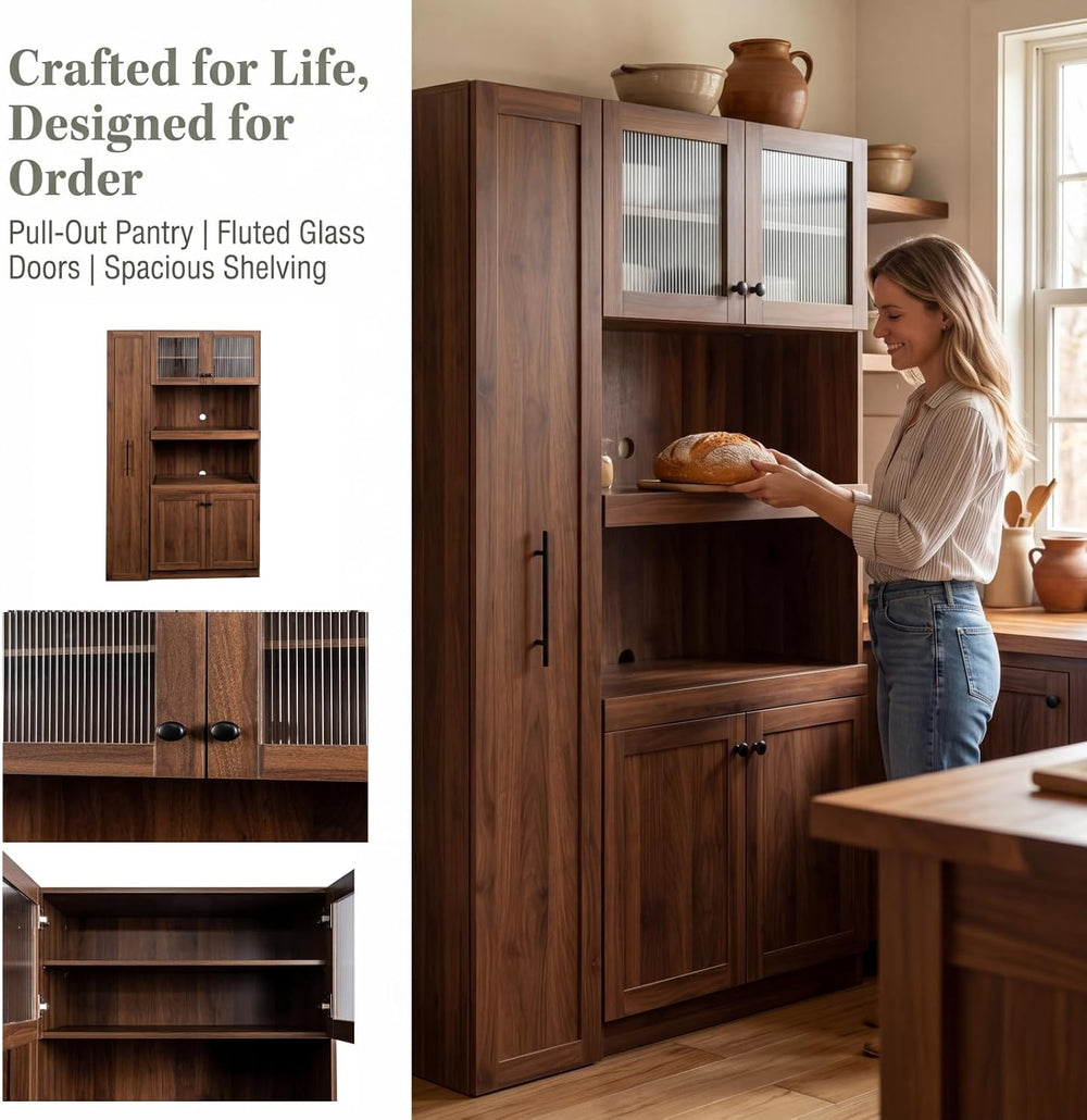 70.87" H Walnut Farmhouse Kitchen Pantry Cabinet, 4-Door Pull-Out Multi-...