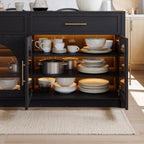 homary 71" Kitchen Island with LED Light Strip,Glass Doors, Modern Black Large Stationary Storage Islands with Adjustable Shelves and Drawers,Seats to 4 for Dining Room