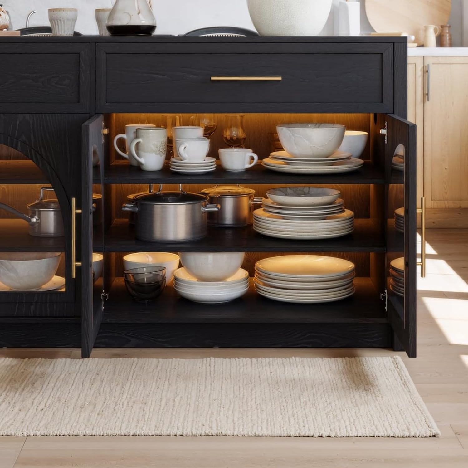 homary 71" Kitchen Island with LED Light Strip,Glass Doors, Modern Black Large Stationary Storage Islands with Adjustable Shelves and Drawers,Seats to 4 for Dining Room
