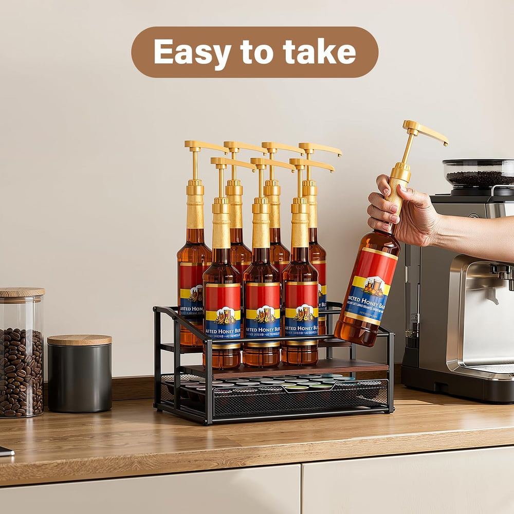 kimilus Coffee Syrup Rack Organizer, 3-Tier 8 Bottle Syrup Rack with 35 K Cup...