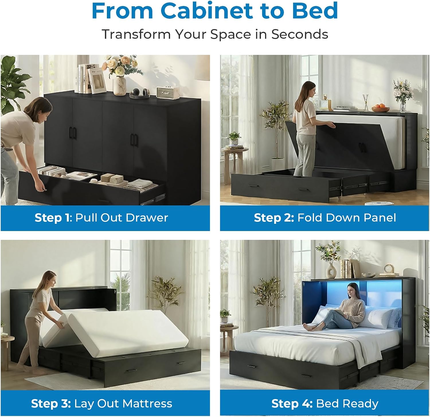 Mjkone 63.4" Width Queen Size Murphy Bed Cabinet with Tri-Folding Mattress Included, High Gloss MDF Storage Cabinet Guest Bed Chest Cabinets with 16 Colors of LED Lights for Home Offices, Black