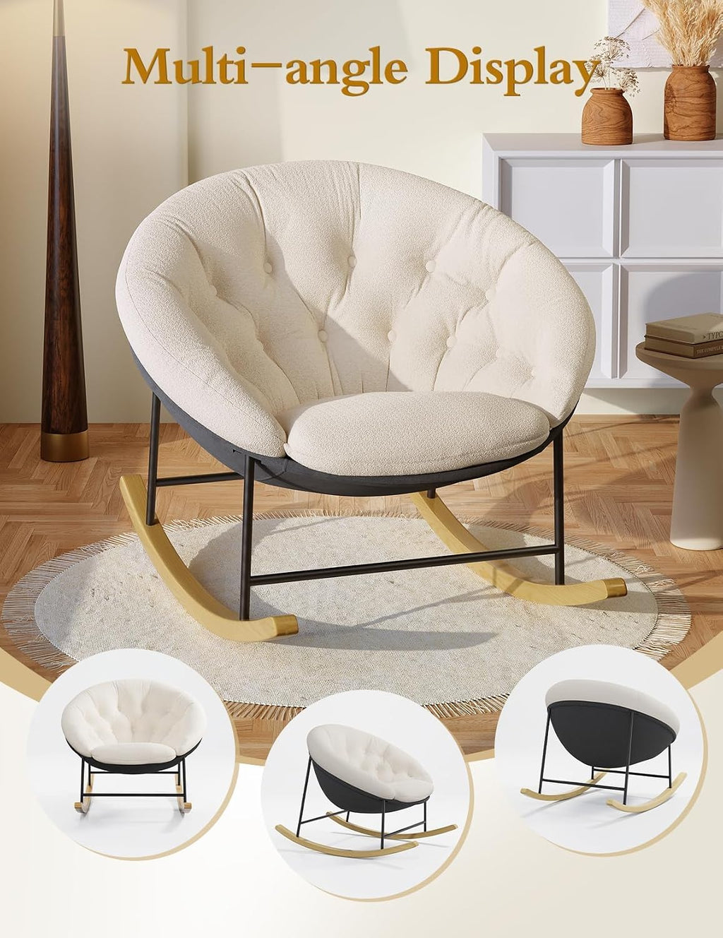 Kidirect Wide Rocking Chair Nursery, Comfy Saucer Nursery Rocking Chairs with Removable Cushion, Indoor Papasan Nursing Chair for Breastfeeding, Mecedora Para Adultos for Living Room & Bedroom (Beige)
