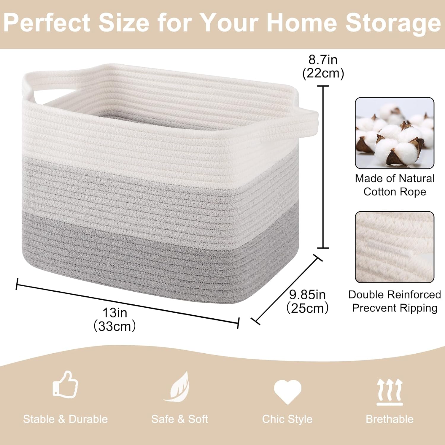 Storage Baskets for Organizing, Woven Baskets for Shelves, Rectangle Decorative Organizer for Storage Clothes, Toy, Books, Towels Nursery Bins 3 Pack (Gradient Grey, 13"x9.85"x8.7")