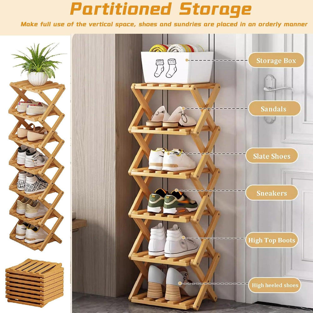The 9-Tier No-Assembly Bamboo Rack,Foldable Bamboo Shoe Rack,Collapsible Shoe...