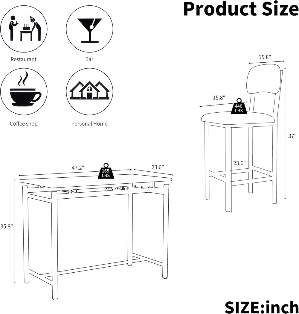 47" 3 Piece Bar Table Set with 2 Padded Chairs for Small Spaces Black | ...