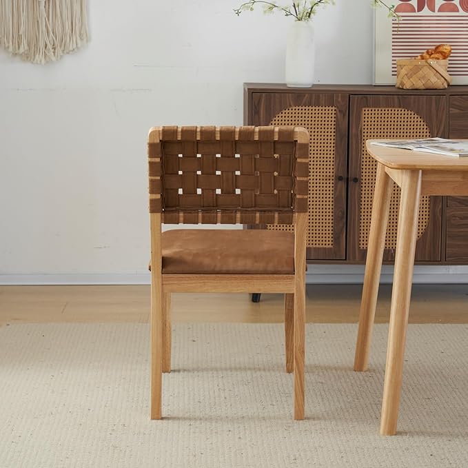 VINGLI Brown Woven Wooden Dining Chairs Set of 4,Armless Mid Century Modern Desk Chairs with Rivet&Foot Pegs,Upholstered Farmhouse Comfy Chair No Wheels for Dining Room,Living Room,Kitchen,Oak,Suede