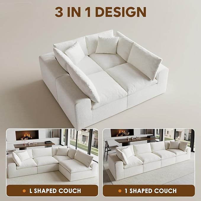 130" Modern Modular L Shaped Couch, Sectional Couches for Living Room, Deep Seat Cloud Couch, No Assembly Required Sleeper Sofa, Boneless Couches with Armrests, White