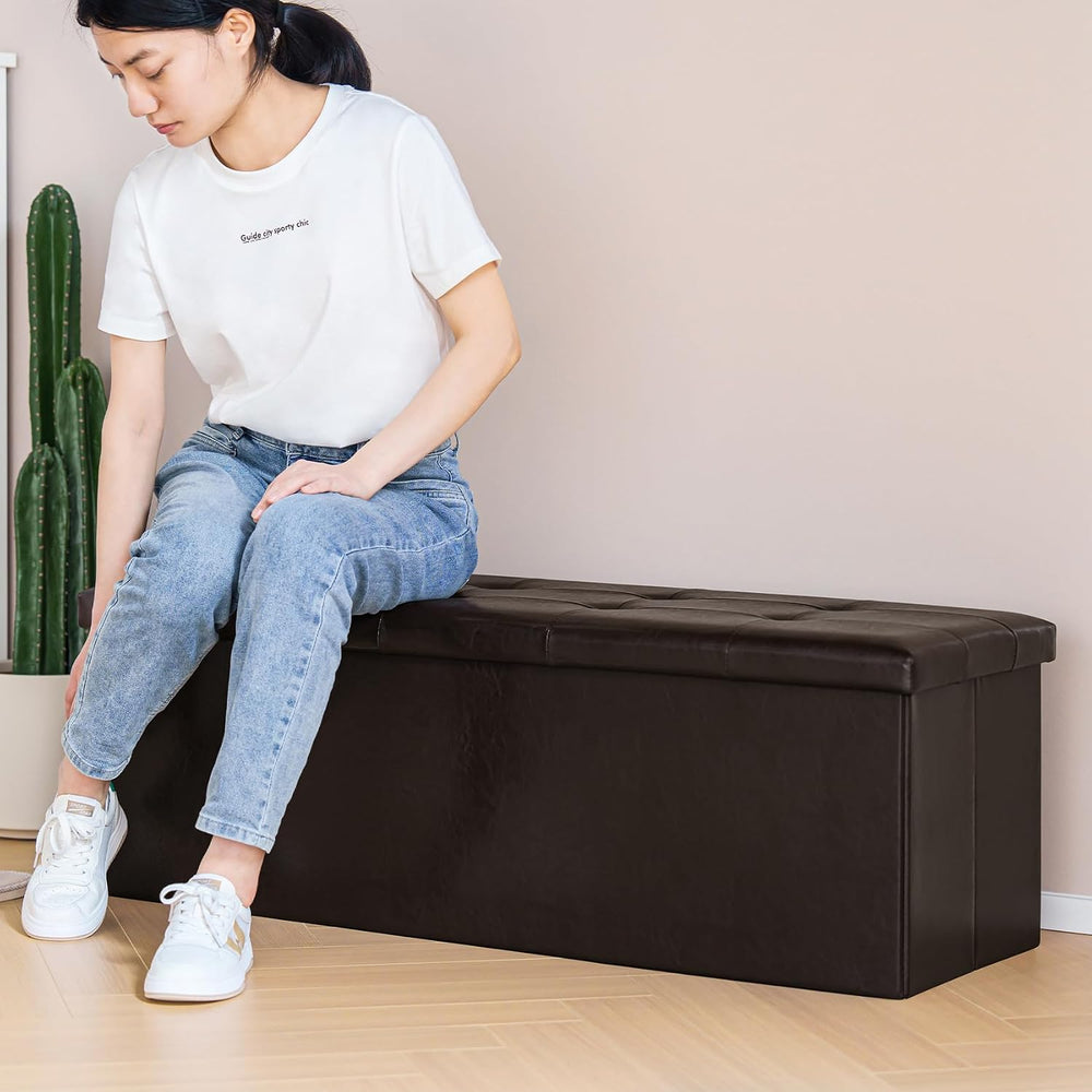 PINPLUS Folding Storage Ottoman Bench, Brown Faux Leather | Storage Chest wit...