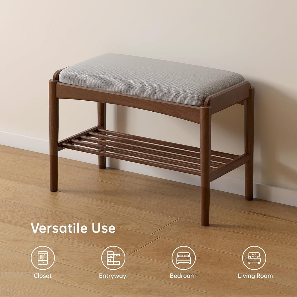 Solid Wood Shoe Bench, Shoe Rack Bench Assembled with Gray Cushion for Entryway, Hallway, Bedroom, Living Room, 11.8" x 23.6" x 16.5", Beech Wood, Walnut