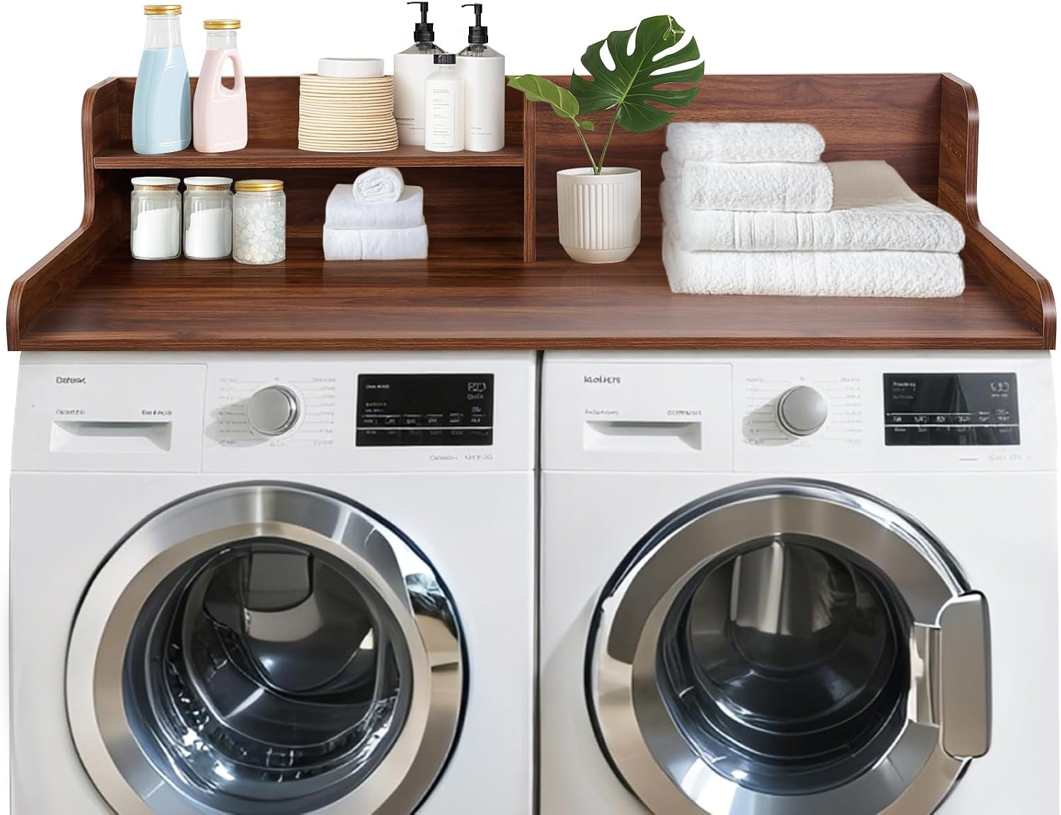 Kaboon Washer Dryer Countertop 2 Tier 58 inches Wide, Laundry Shelf Topper with Edge, 58" W x 28" D x 12" H Laundry Space Organizer, Dark Walnut
