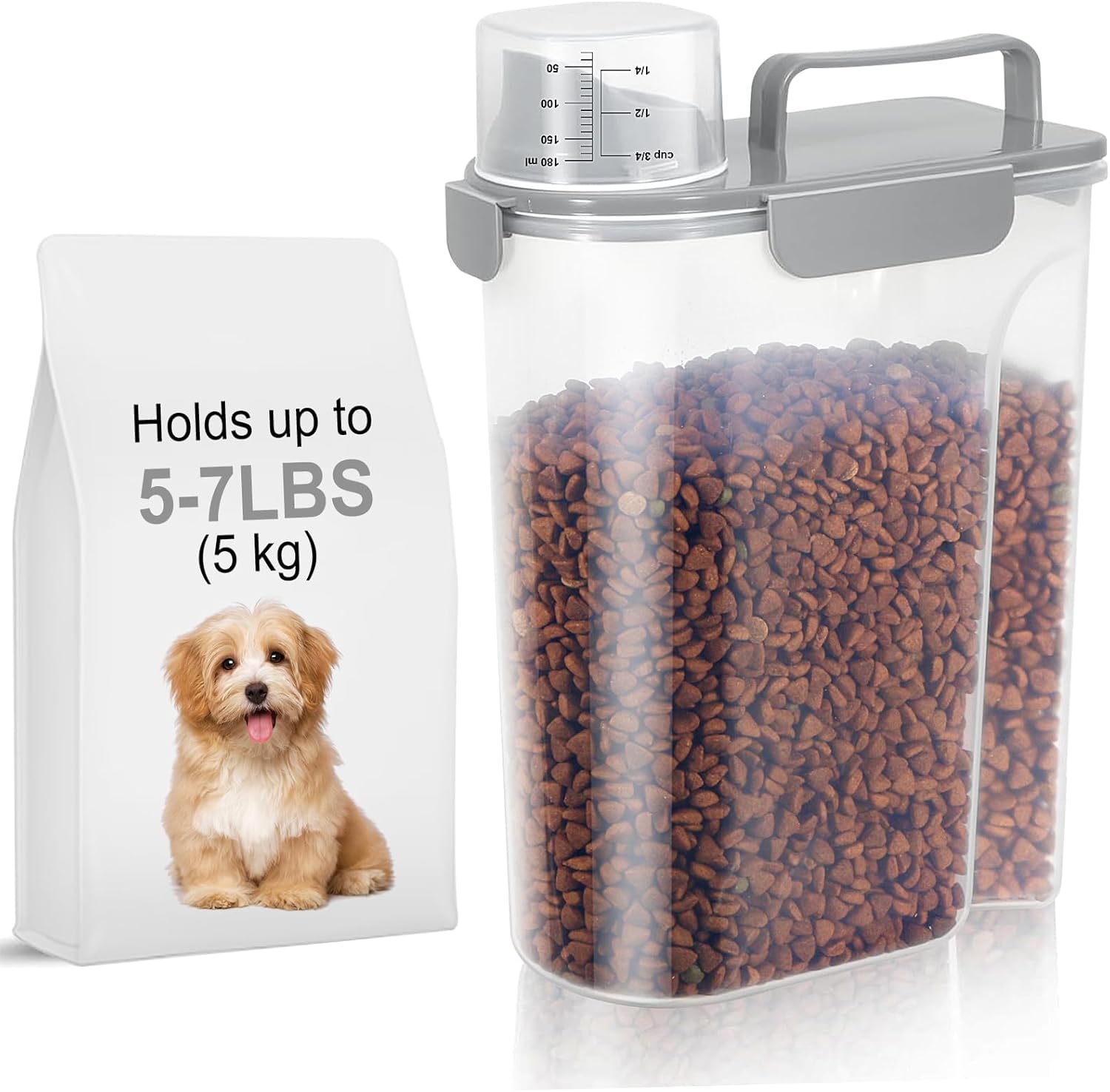 5-7Lbs Dog Cat Food Storage Container with Upgraded Large Nozzle BPA-free, 4 Snap Seals Plastic Pet Food Storage Containers with Handles (Light Gray, 5L-1pack)