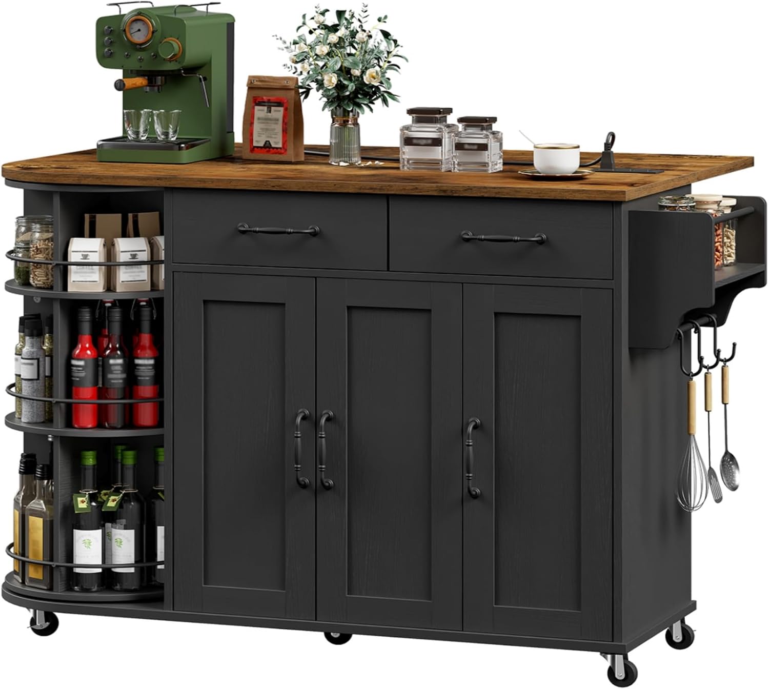 RALGEND Kitchen Island with Power Outlet & Drop Leaf, Kitchen Rolling Island with Rotating Organizer, Kitchen Island Cart with Storage Cabinet, Mobile Island Table for Kitchen, Black and Rustic Brown
