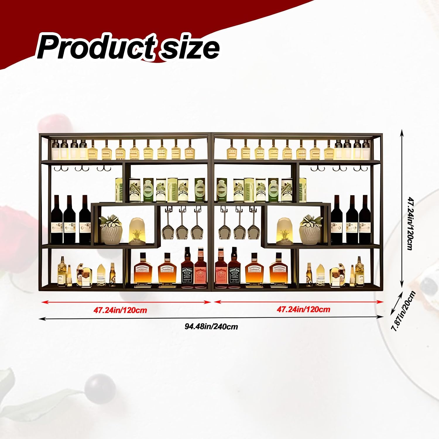 Black Wall Mounted Wine Rack with Hanging Stemware Glass Holder, 4 Tier Liquor Bottle Display Shelf, Floating Bar Storage Organizer for Home, Kitchen, Restaurant, Liquor Cabinet Decor (Black, 95in)