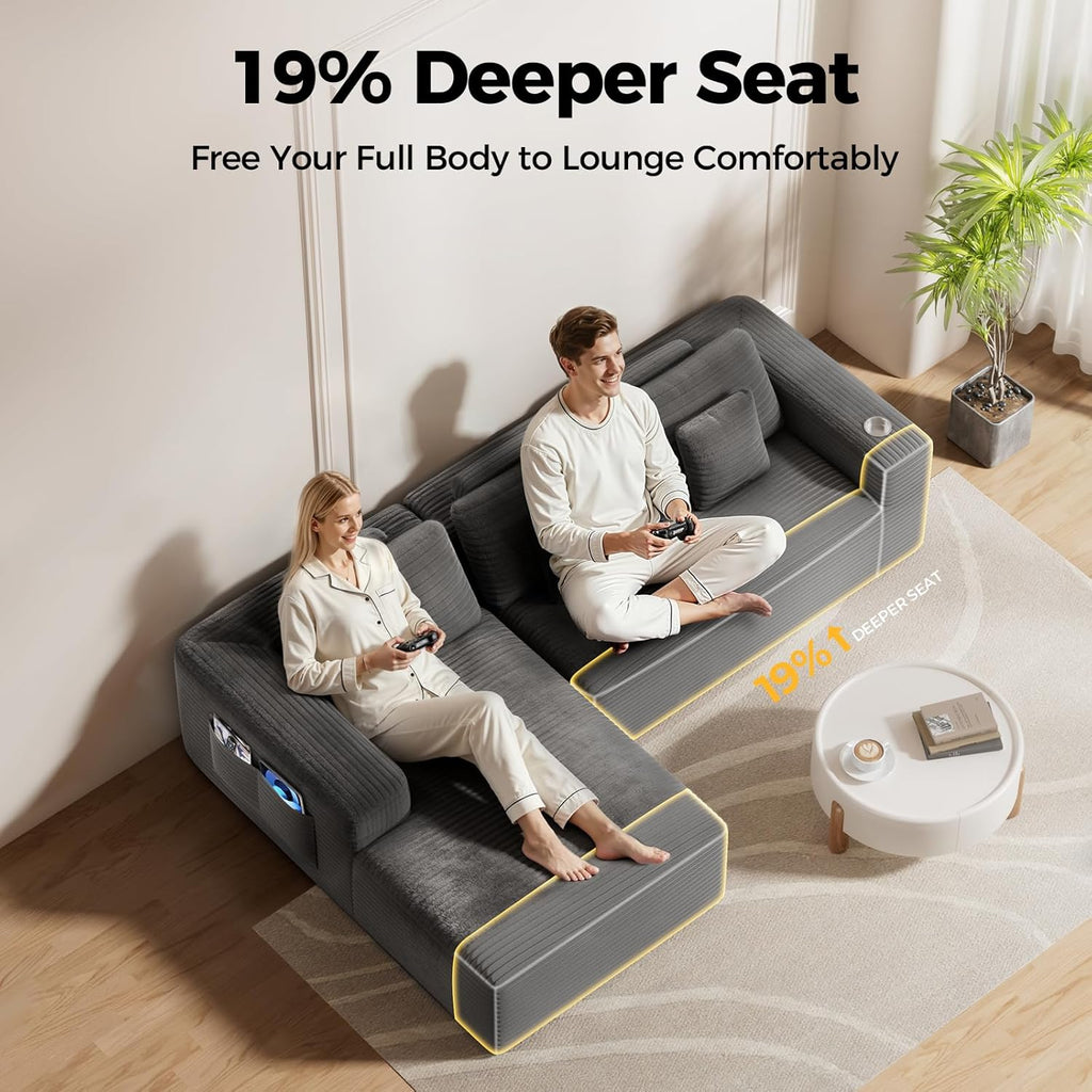 CAMMOO 108" L-Shaped Boneless Sectional Sofa, Cloud Couch in One Box | No Assembly Deep Seat, 4-Seater Sofa for Living Room, Storage Pockets, Plush Corduroy, Left-Facing Chaise, Grey