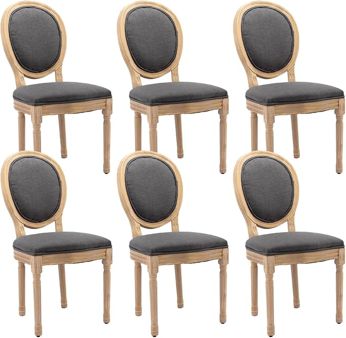 French Country Dining Chairs Set of 6,Farmhouse Upholstered Dining Room Chairs with Round Back and Solid Leg,Fabric Kitchen Side Chairs for Kitchen/Bedroom/Dining Room,Gray