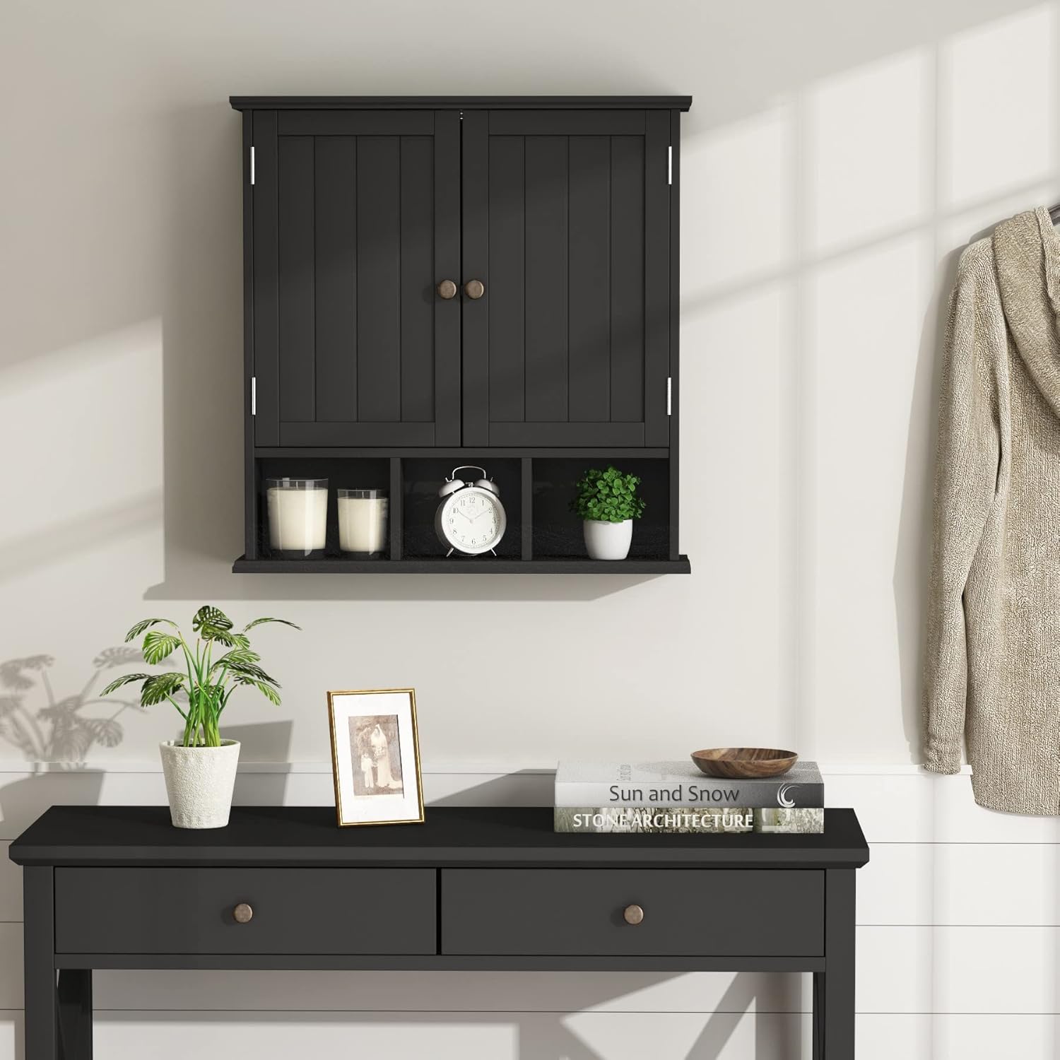 ChooChoo Bathroom Cabinet Wall Mounted 2-Door with 3 Open Shelves， Wooden Medicine Cabinets with Adjustable Shelf，Space Saver Storage Cabinets Over The Toilet for Bathroom&Living Room，Black