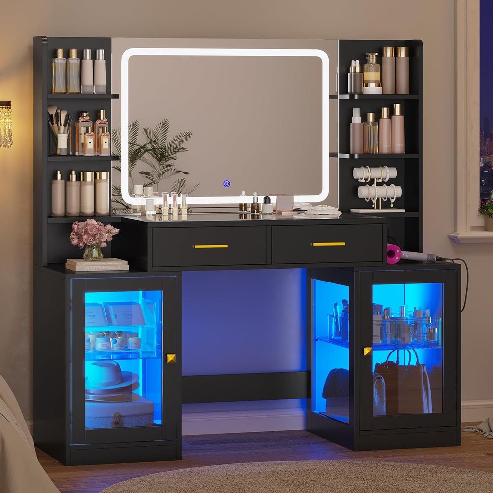 ADORNEVE Makeup Vanity with Mirror & Lights, Glass RGB Cabinets, Black | ...
