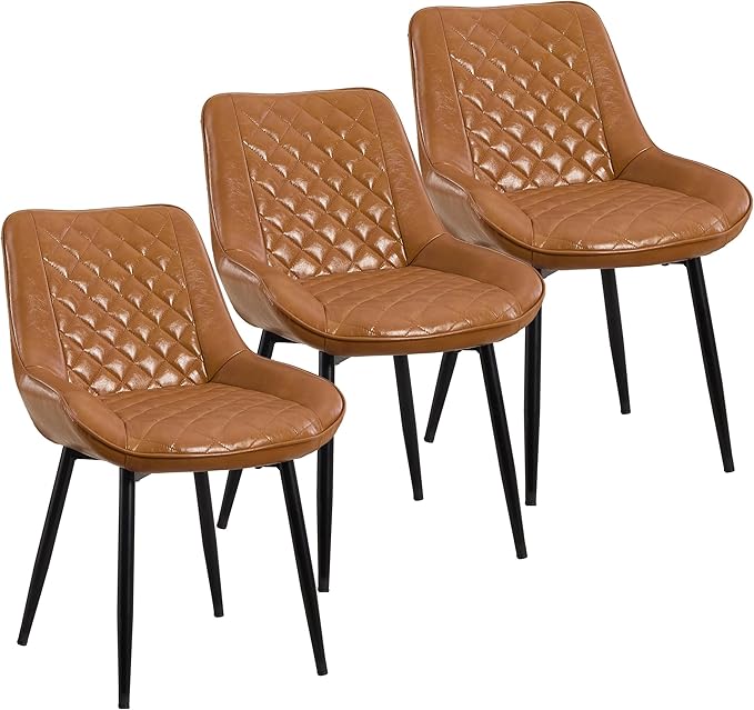 Dining Chair Set of 3, Modern Dining Chairs with Thick Cushions, Faux Leather Upholstered Kitchen Dining Room Chairs with Metal Adjustable Legs for Dining Living Room, Brown