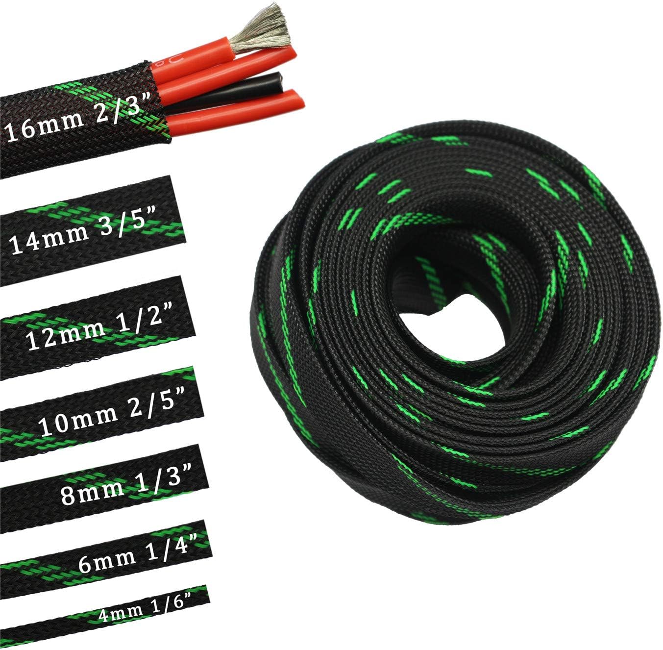 30ft PET Expandable Sleeving Wire Cable Sleeve (1/2", Green&Black)