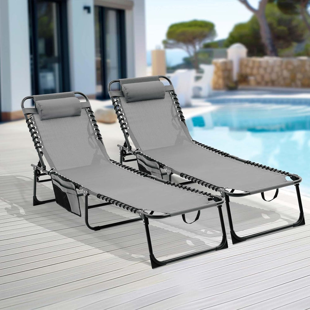 Gray Lounge Chairs for Outside, Folding Beach Lounger with Carrying Handle an...