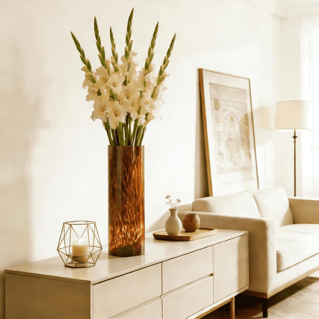 Large Leopard Amber Glass Vase, Luxe 11.8” Brown Decorative Centerpiece, Translucent Vintage Tortoise Shell Vase for Pampas Grass, Boho Modern Farmhouse Home Decor