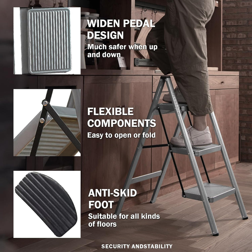 3 Step Ladder, Steel Folding Step Stool with 330lbs Heavy Duty