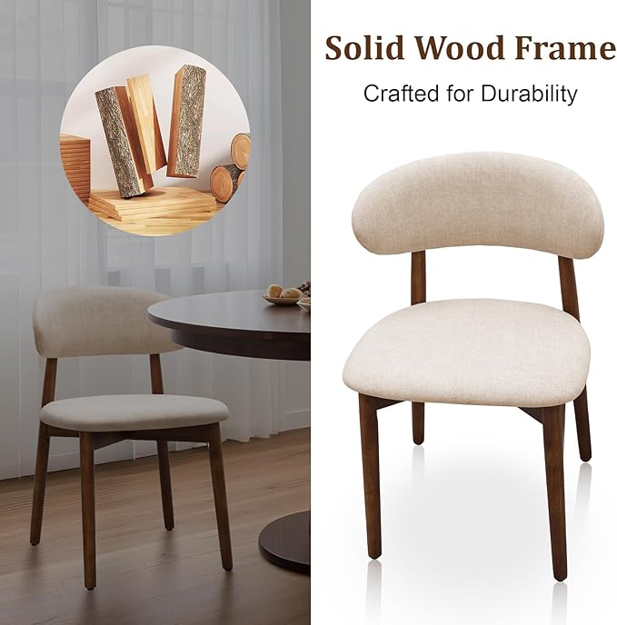 Farmhouse Dining Chairs Set of 6, Mid Century Modern Wooden Dining Room Chairs, Farmhouse Fabric Upholstered Kitchen Dinner Chairs for Living Room Restaurant Cafe, Walnut/Light Camel