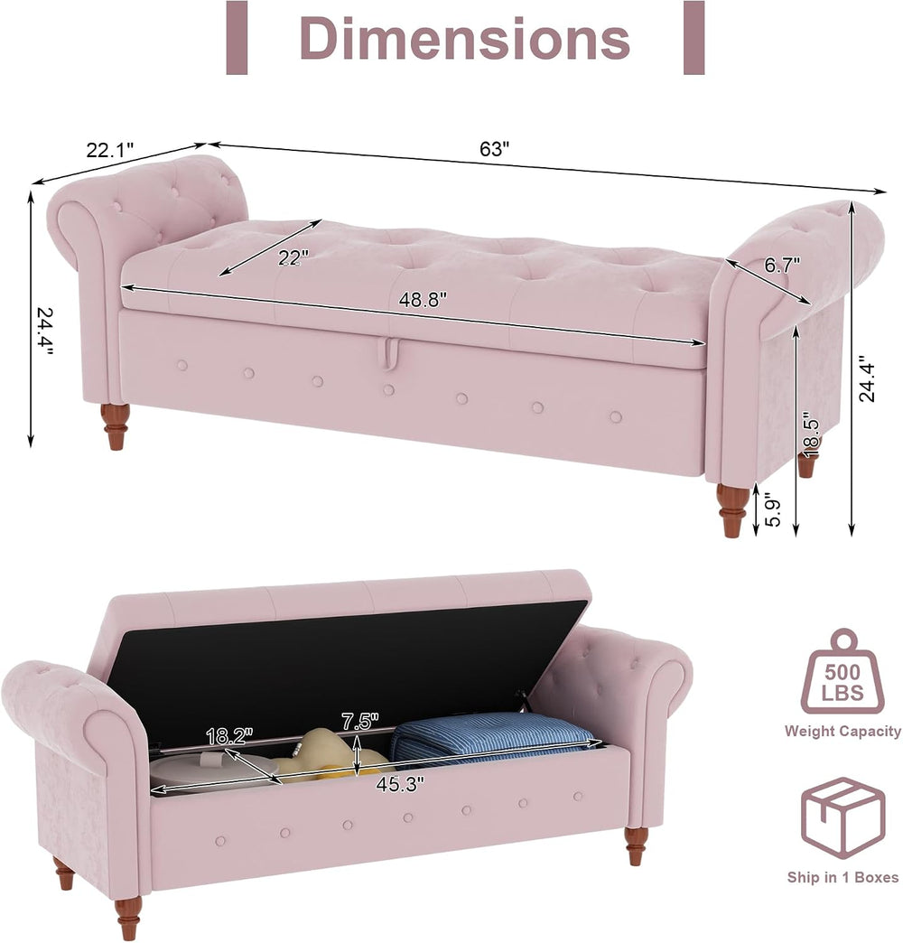 GNIXUU Ottoman with Storage Bench for Bedroom, 63" Velvet Upholstered En...