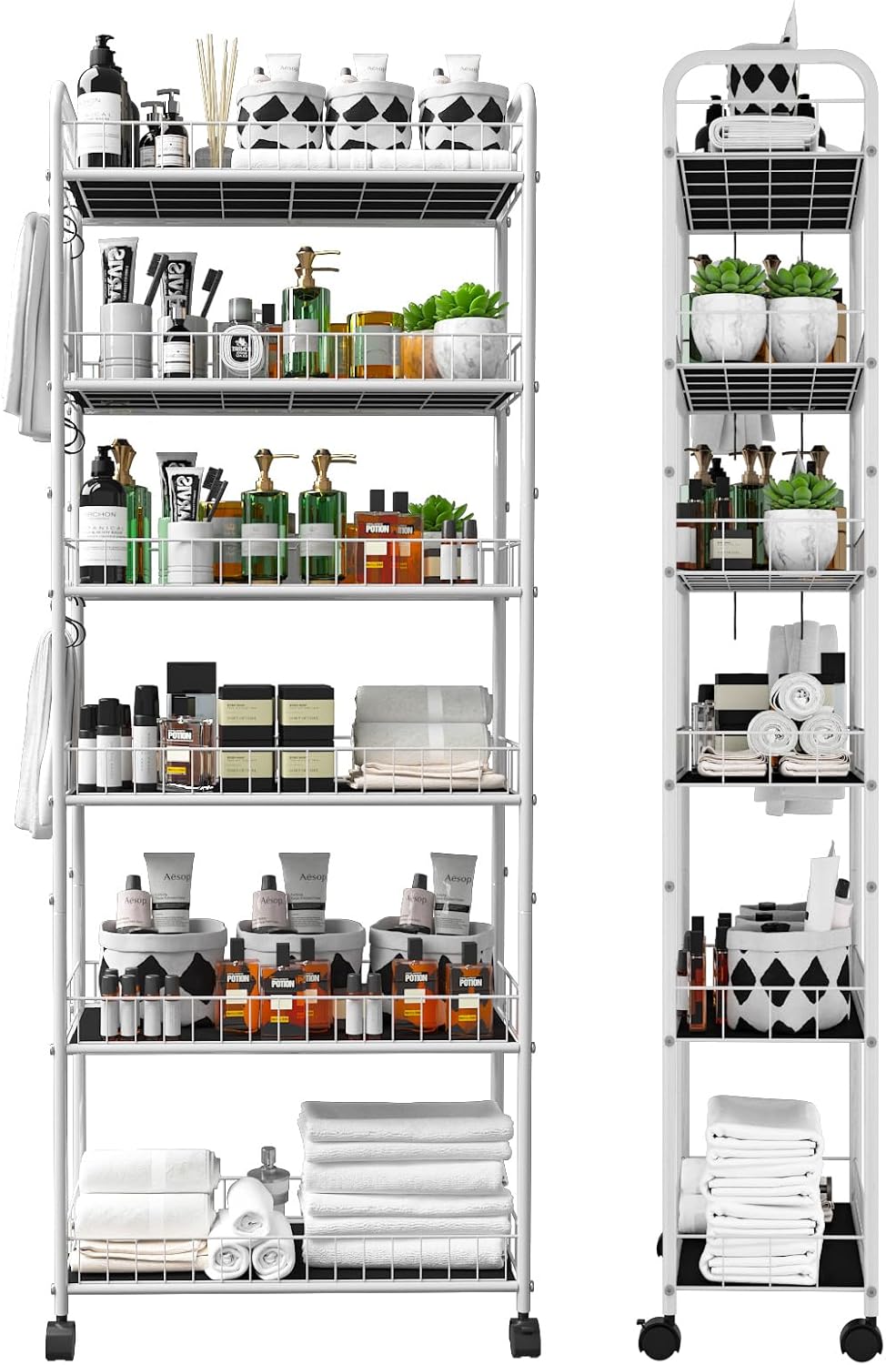 10in 6 Tier Slim Storage Cart with Wheels,White Narrow Space Rolling Shelving...