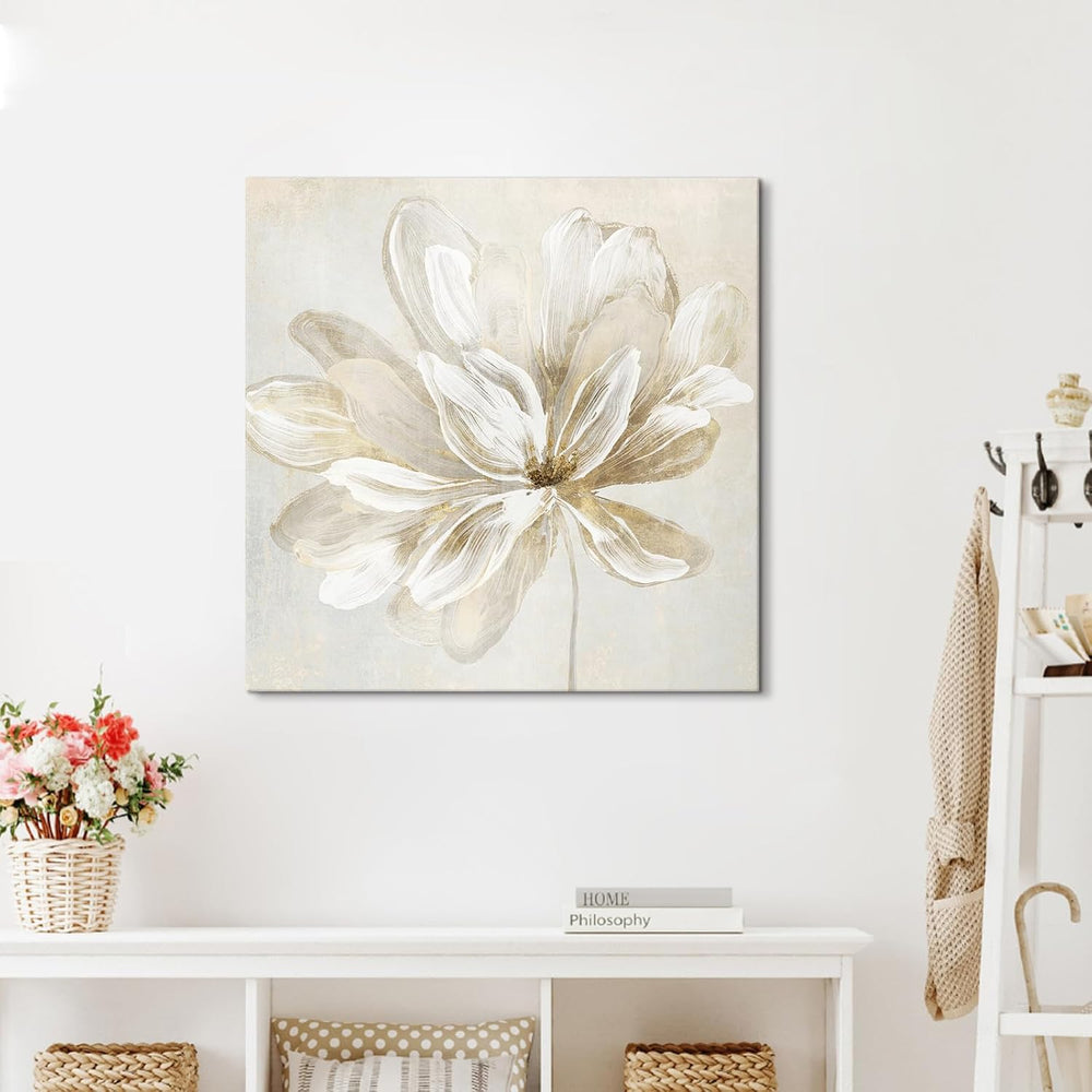 SEVEN WALL ARTS White Flower Wall Art Beige and Gold Blooming Flower Abstract...