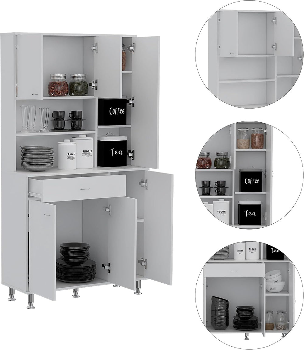 90 Kitchen Pantry Cabinet, Two Open Shelves, One Drawer, Multiple Cabinets, W...
