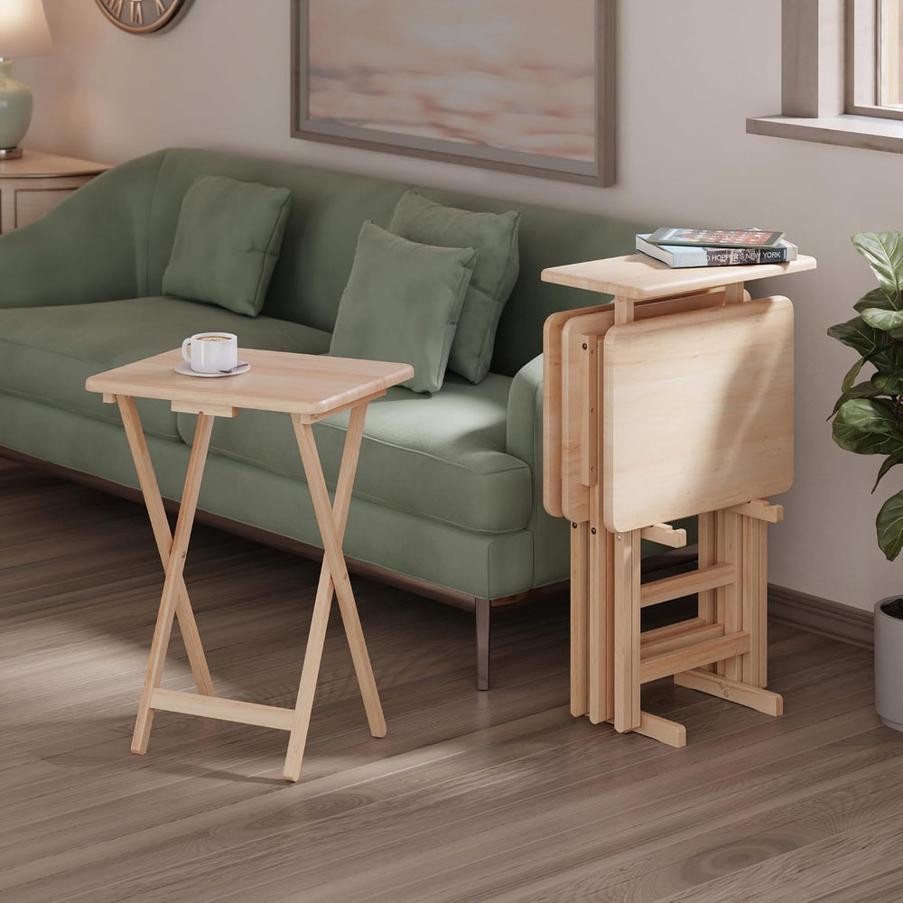 Winsome Riley Set of 4 Snack Tables with Stand in Natural Finish