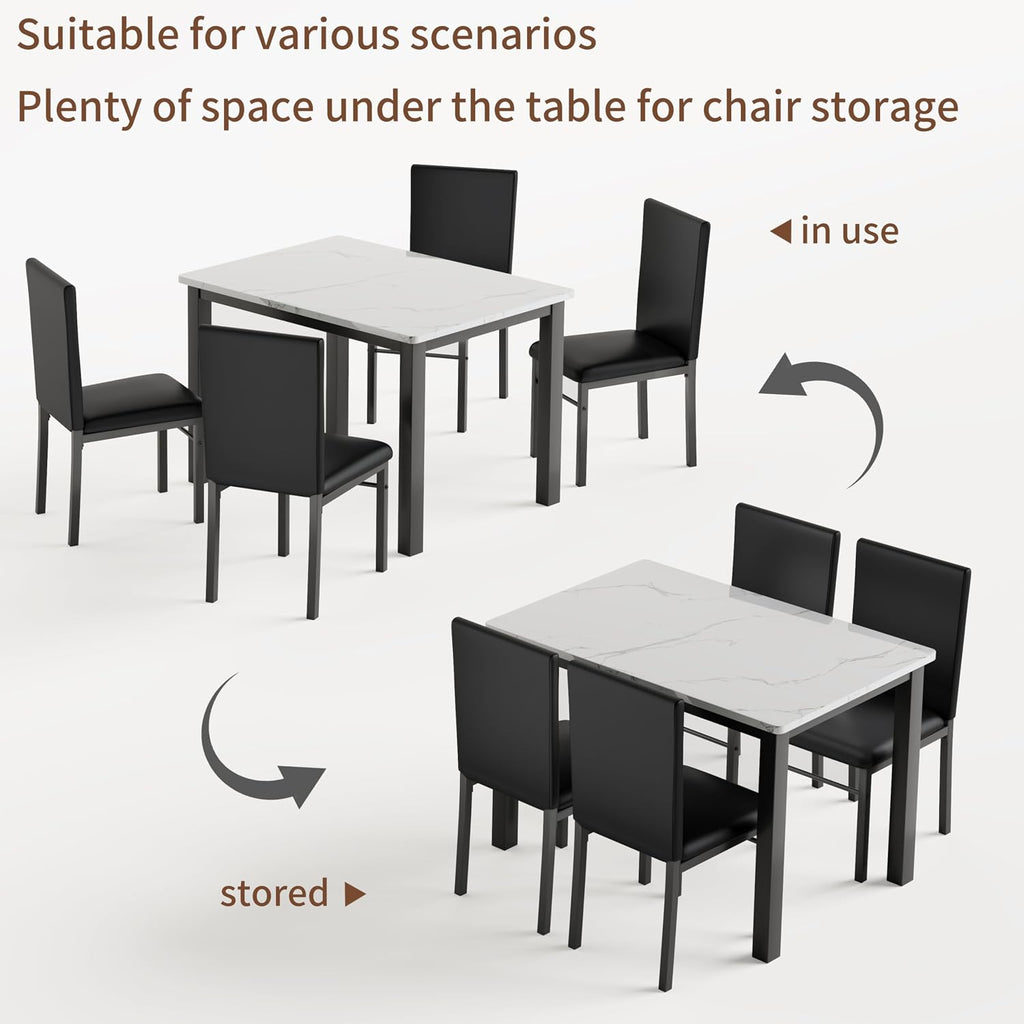 5-Piece Dining Table Set for 4, Faux Marble Top Kitchen Table with 4 Upholstered Chairs, Sturdy Metal Frame Space Saving Dinner Set for Small Spaces Apartments, White & Black