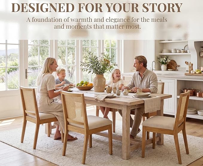 HNY Farmhouse Rattan Dining Chairs Set of 6, Mid Century Modern Kitchen & Dining Room Chairs, Cane Upholstered Kitchen Side Chair with Natural Hardwood Frame, Beige