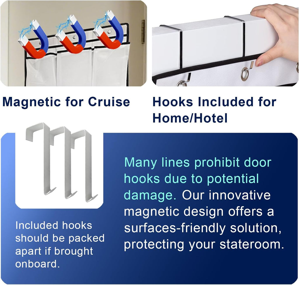 Magnetic Cruise Door Organizer – 13-Pocket Hanging Storage with 2 Large Shoe Pockets, No Hook Needed, Includes 3 Bonus Hooks, 2025 2026 Cruise Ship Essentials for Cabin, Bathroom, or Closet Use