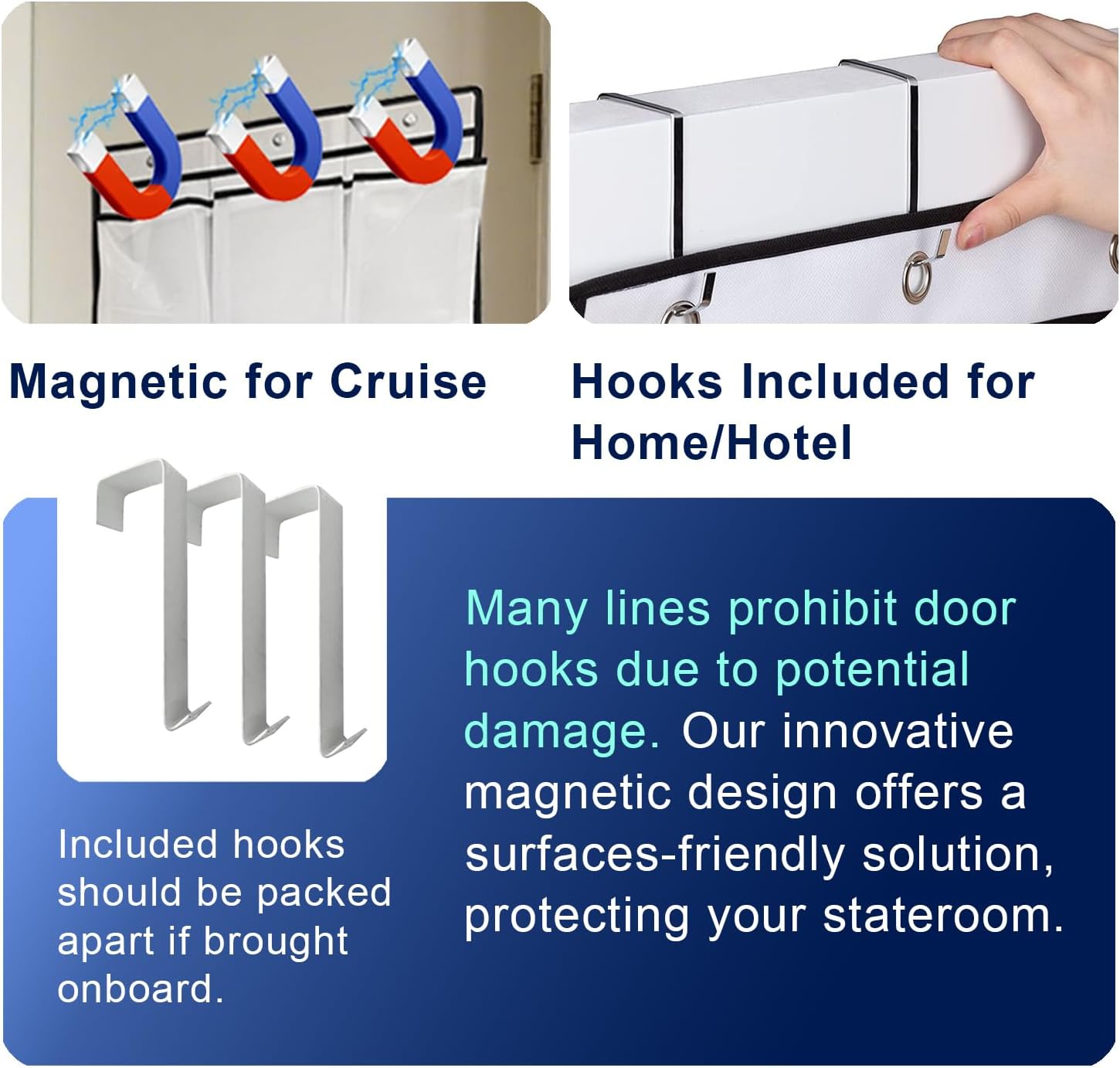 Magnetic Cruise Door Organizer – 13-Pocket Hanging Storage with 2 Large Shoe Pockets, No Hook Needed, Includes 3 Bonus Hooks, 2025 2026 Cruise Ship Essentials for Cabin, Bathroom, or Closet Use